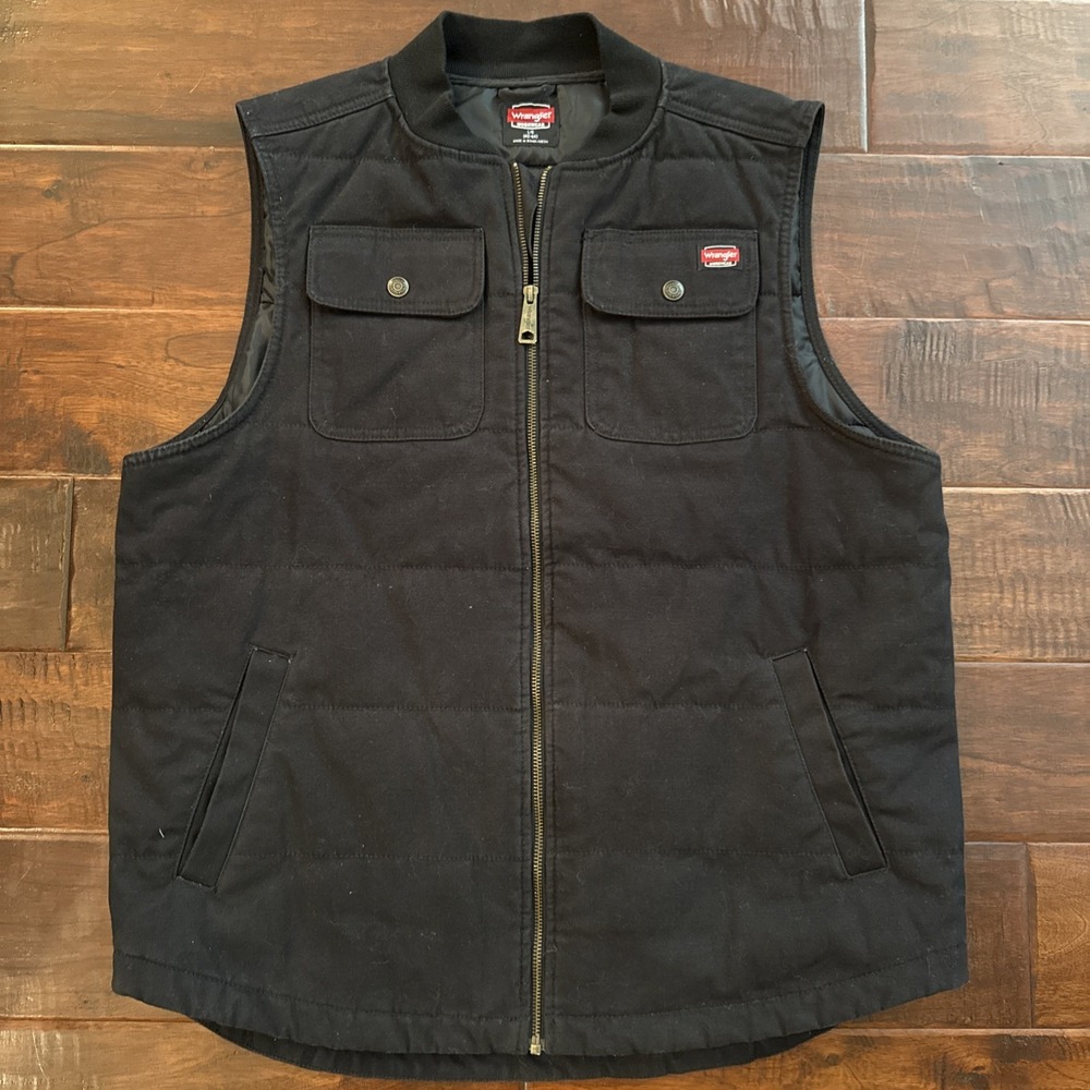 Workwear Utility Wrangler Mens Large Black Quilted Canvas Zip Front Vest